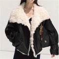 Women Faux Leather Labm Fur Lined Coats Solid Jacket Turn Down Collar Long Sleeves Single Breasted Loose Streetwear 2026 Autumn