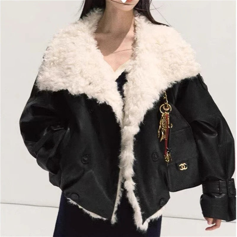 Women Faux Leather Labm Fur Lined Coats Solid Jacket Turn Down Collar Long Sleeves Single Breasted Loose Streetwear 2026 Autumn