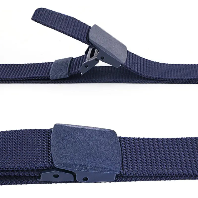 mens tactical canvas belt in dark blue nylon with a lightweight automatic plastic buckle and clip mechanism.