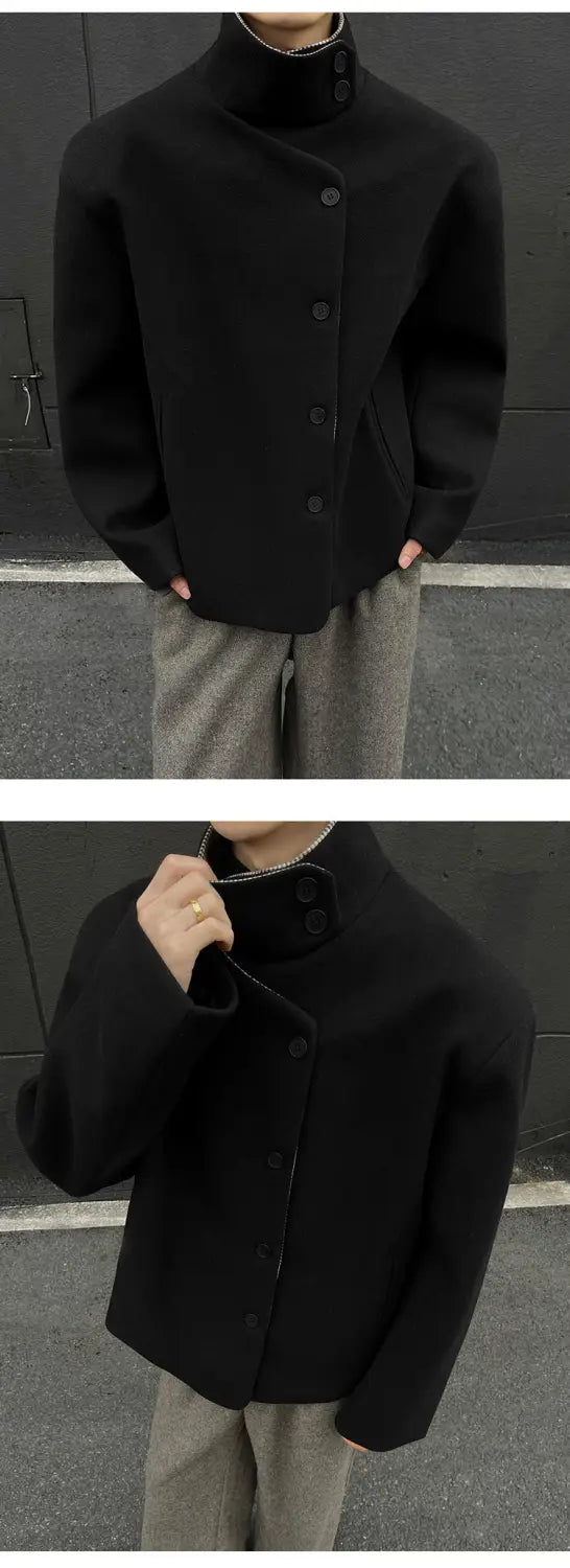 Manteau en laine noir avec col haut et fermeture boutonnée à l’avant, adapté à une veste d’hiver en laine marron pour homme, coupe slim, col montant.