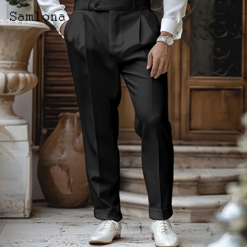 Men white formal suit pants plus size elegant trousers shown as black pleated formal trousers with a tailored fit and subtle sheen made from high-quality wool or blend fabric