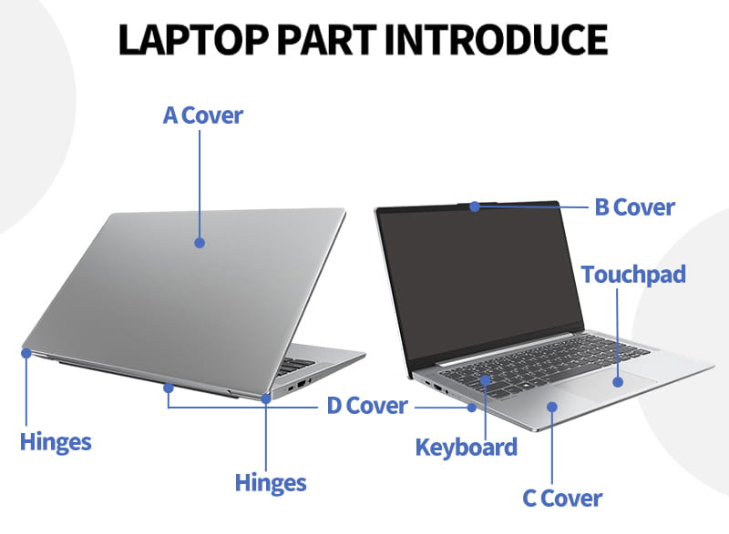 Silbernes Dell Latitude 5530 5531 Ersatzgehäuse 09T2NW 026RHC mit schlankem, minimalistischem Design und beschrifteten Komponenten für Bildungszwecke