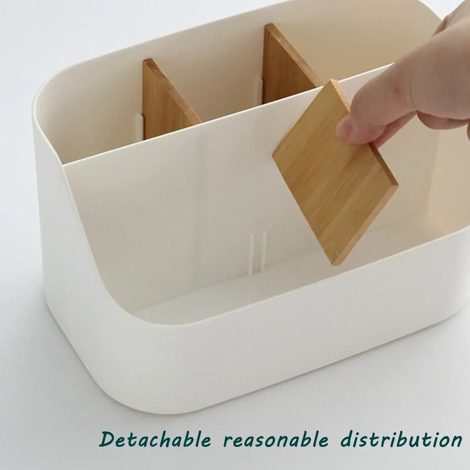 white plastic desk organizer and makeup brush holder featuring light wood divider panels