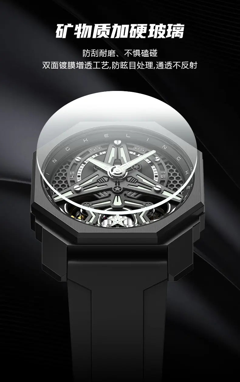Automatic skeleton mechanical watch for men with a black octagonal face, transparent mineral glass cover, intricate gearwork, and silver-toned hands.
