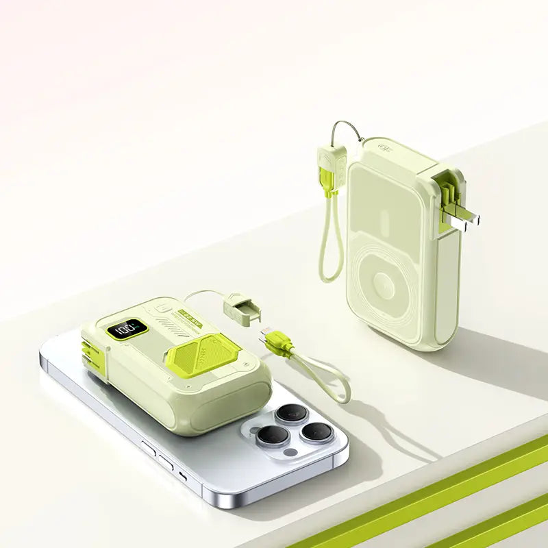 Powerbank 20000 mAh 22,5 W kabelloses tragbares Ladegerät in Limettengrün und Off-White mit integriertem USB-C-Kabel, Steckladegerät und digitaler Anzeige für effizientes Energiespeicher-Ladegerät und tragbare Nutzung als Ladegerät.