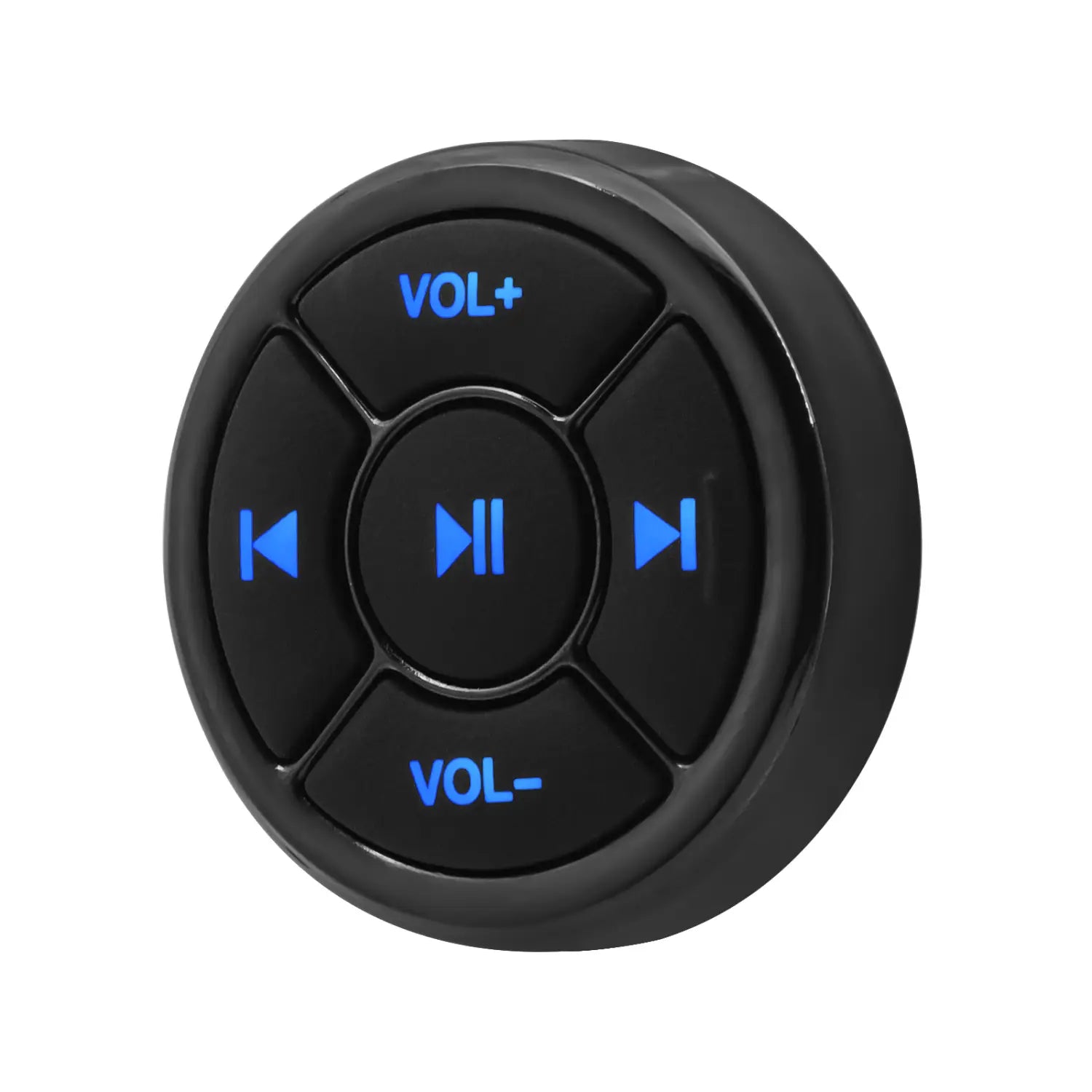 Wireless steering wheel Bluetooth media remote control featuring a black circular car audio control button with blue illuminated volume and track navigation icons.