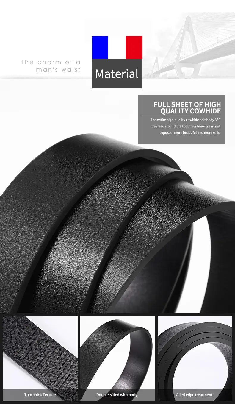 Men leather belt automatic buckle casual strap made of black full-sheet high-quality cowhide with toothpick texture and oiled edge treatment.
