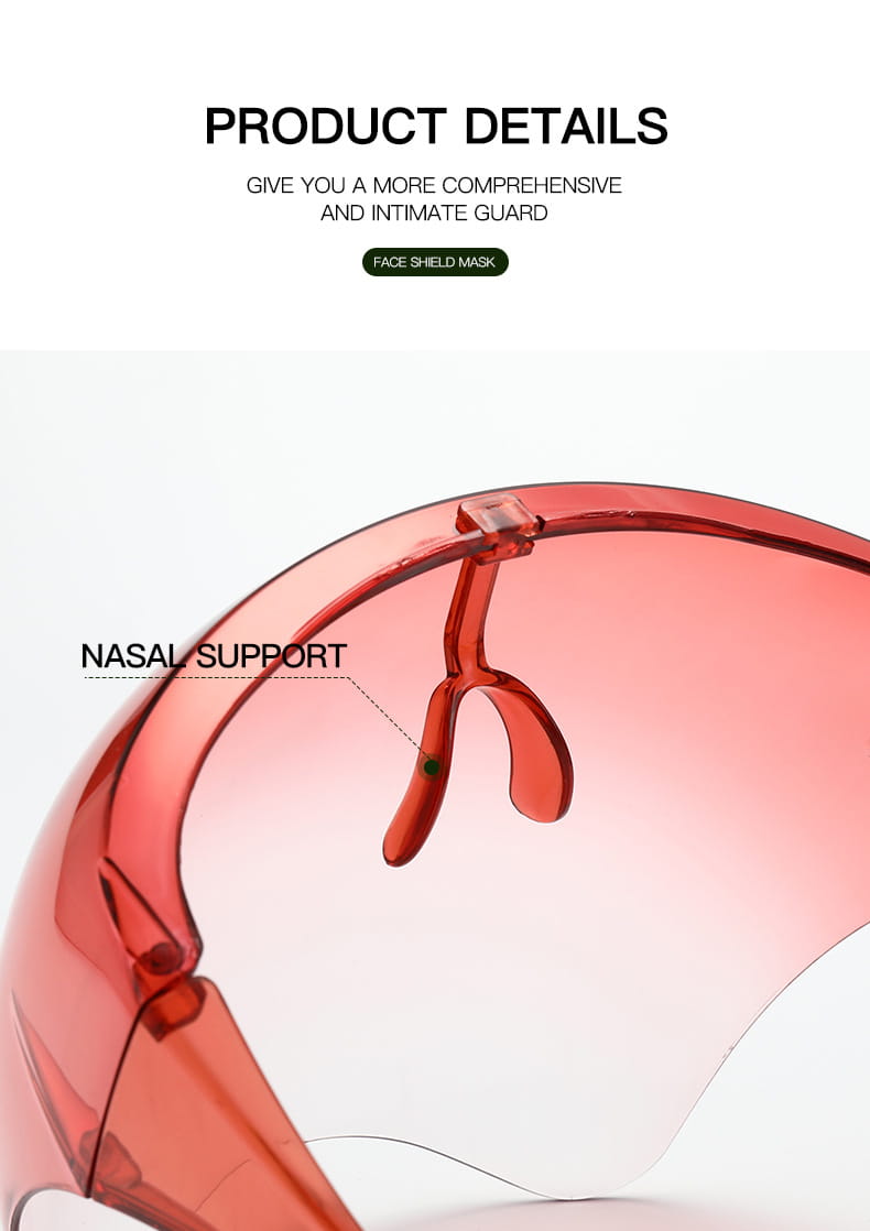 Transparent pink full face safety glasses protective face shield mask with nasal support feature designed for enhanced protection glasses use.