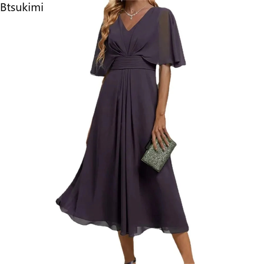 2026 Women's Evening Party Dress Plus Size Long Elegant  A Line V Neck Ruffles Chiffon Formal Wedding Dress Robe Dazzling Dress