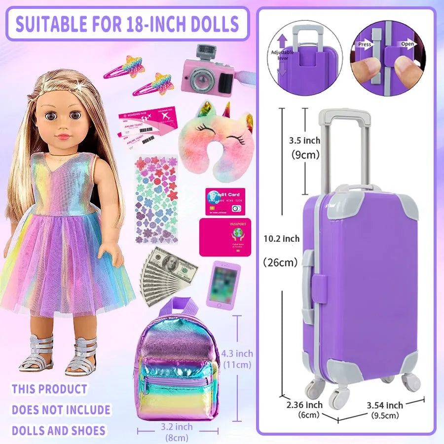 18inch Doll Clothes and Accessories Doll Suitcase Travel Set Include Pillow Unicorn Bag Camera Computer Phone Passport Kids Gift