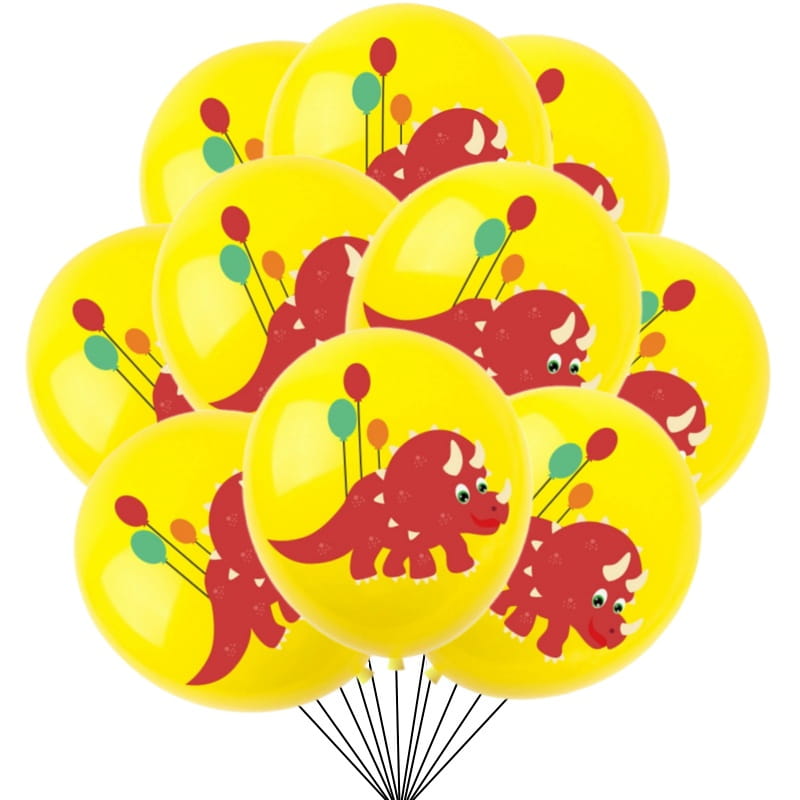 Leuchtend gelbe Latex-Dinosauriergeburtstags-Partyballons mit Cartoon-roten Triceratops und grünen sowie orangefarbenen Partyhüten in einem 10er-Pack