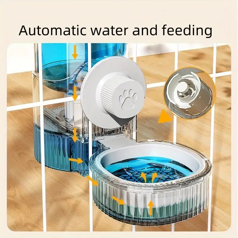 distributeur automatique pour animal de compagnie en plastique transparent, avec réservoir d’eau bleu et bouton blanc à motif de patte, pour un nourrissage et une hydratation pratiques des animaux.