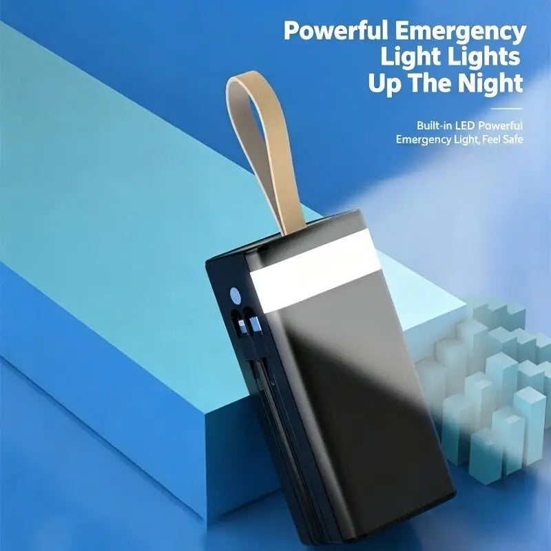 Black rectangular 60000mah power bank with beige carrying loop white stripe and built-in led emergency light designed as a 120w portable charger.