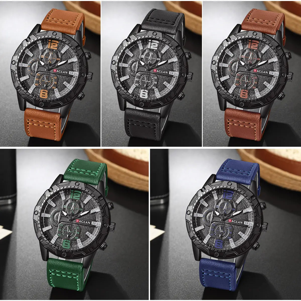 Montres à quartz pour homme avec chronographe en cuir, présentant des cadrans tactiques noirs et gris, avec des bracelets en cuir marron, noir, vert ou bleu.
