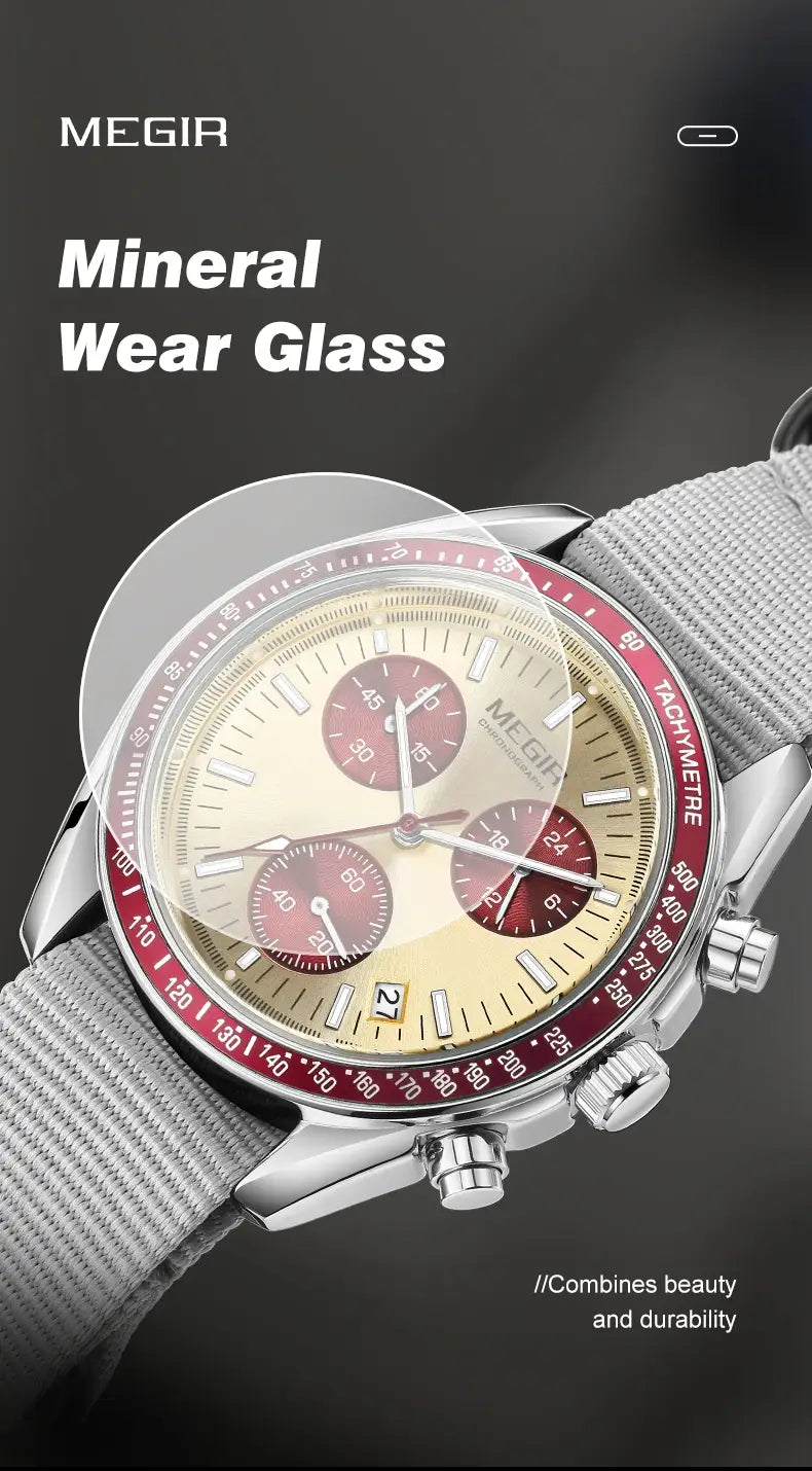 A sleek silver Megir men canvas chronograph watch with a cream-colored dial red subdials and bezel accents featuring mineral wear glass.