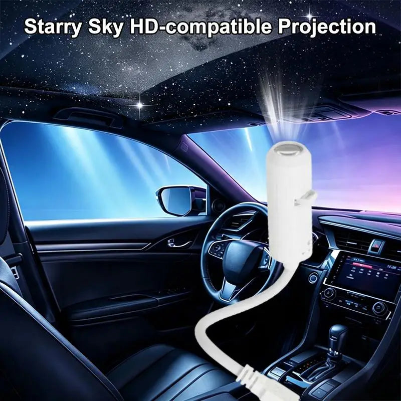 Weiße zylindrische Nachtlicht-USB-Galaxieprojektorleuchte mit biegsamem Silikonschwanenhals und flexiblem Kabel, ausgelegt für mehrere austauschbare Projektionen von Sternenhimmelmustern in HD-kompatiblen Fahrzeuginnenräumen