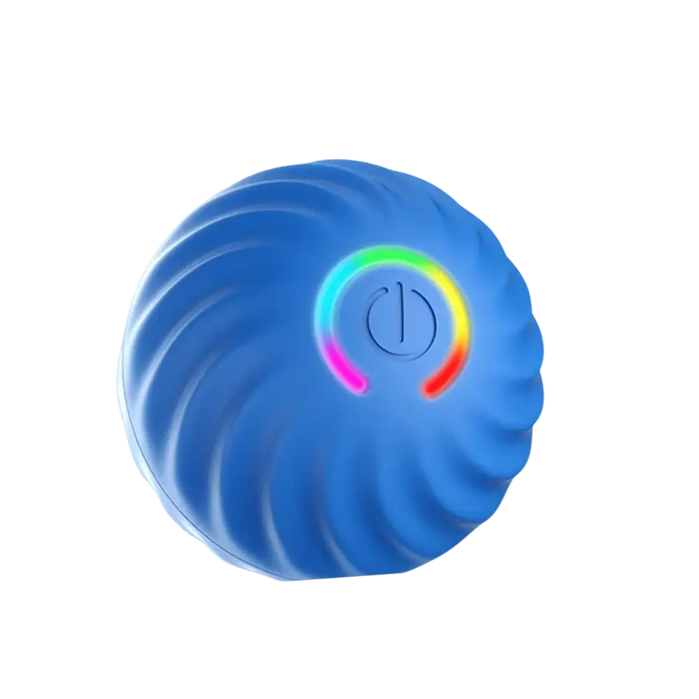 Blue textured interactive dog toy rolling ball with glowing rainbow power button shown from front angle