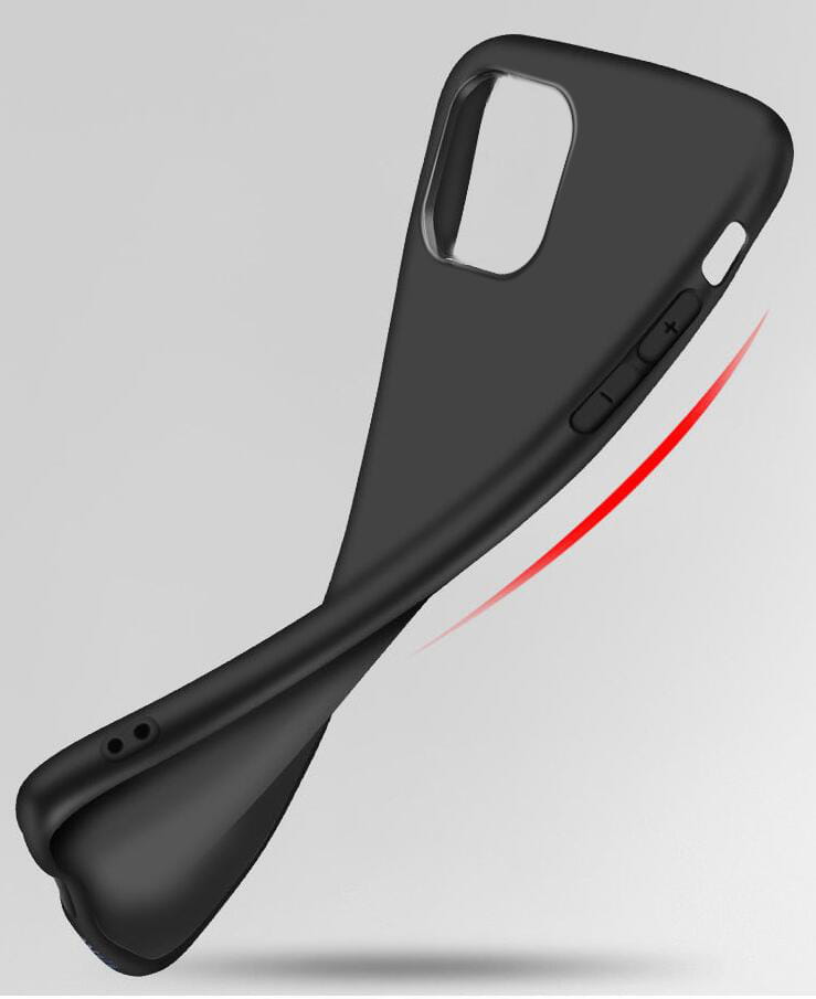 Schwarze Silikon-Handyhülle für iPhone mit präzisen Aussparungen für Kamera und Tasten, von der Rückseite dargestellt