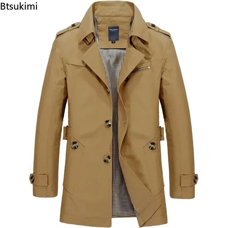 Fashion New Men Trench Coats 100% Cotton Casual Business Trench Jacket Elegant Male Single Breasted Windbreak Mid-length Jackets