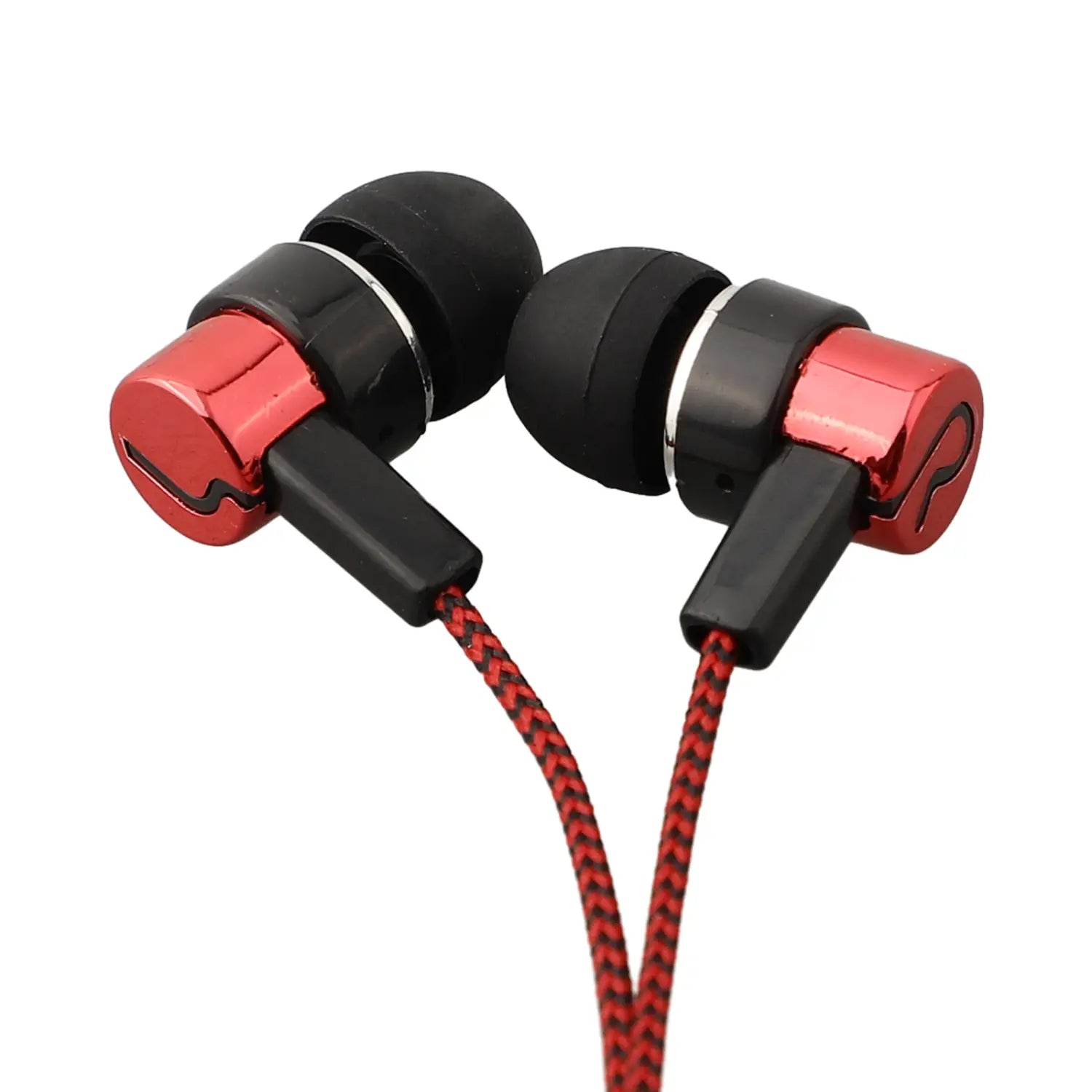 Écouteurs intra-auriculaires stéréo filaires pour basses rouge et noir avec un câble tressé et une prise jack 3,5 mm pour une qualité audio améliorée.