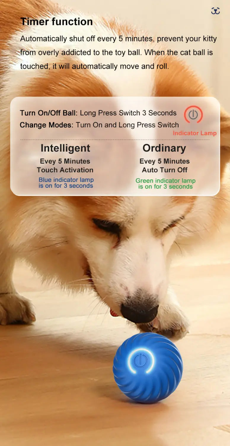 blue textured interactive cat toy ball with led indicator lamp shown from front angle as a rechargeable dog toy accessory feature
