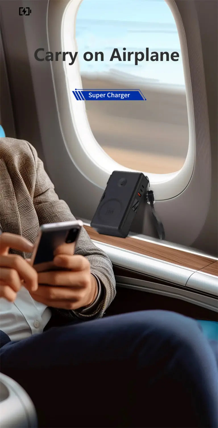 black rectangular magnetic wireless power bank with multiple ports, 20000mah capacity, 65w fast charging, and a strap designed for airplane carry-on use