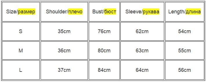 Tabla de tallas para una blusa corta ajustada tipo slim fit para mujer, con mangas largas fruncidas, que muestra medidas en centímetros para las tallas s, m y l.