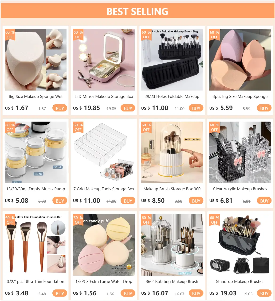 pastel pink and beige silicone makeup sponges with a soft rounded teardrop shape displayed alongside a large capacity makeup organizer with brush holder for efficient skincare storage.