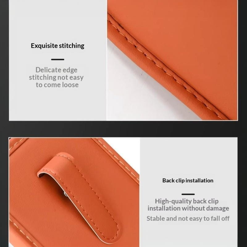 Organizador para asiento de coche de cuero color naranja y portavasos que muestra el reverso con costuras precisas y un clip trasero resistente.