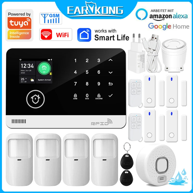 WiFi GSM Home Security Alarm System Work With Tuya Smart Life APP Touch Keyboard RFID Wireless Door Motion Water Sensor Alarm