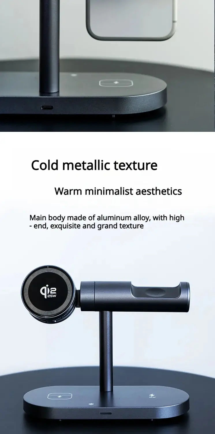 Support de chargeur sans fil en alliage d’aluminium noir, design minimaliste élégant et logo circulaire qi2 sur la base, prenant en charge une charge rapide 25 W et des capacités de charge rapide.