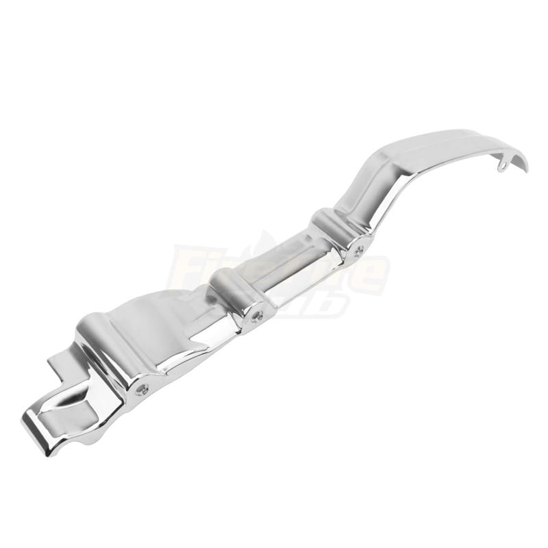 Chrome inner primary accent cover for Harley Touring 17-22 featuring a chrome-finished metal motorcycle handlebar clamp with a sleek curved design and visible screw fastenings.
