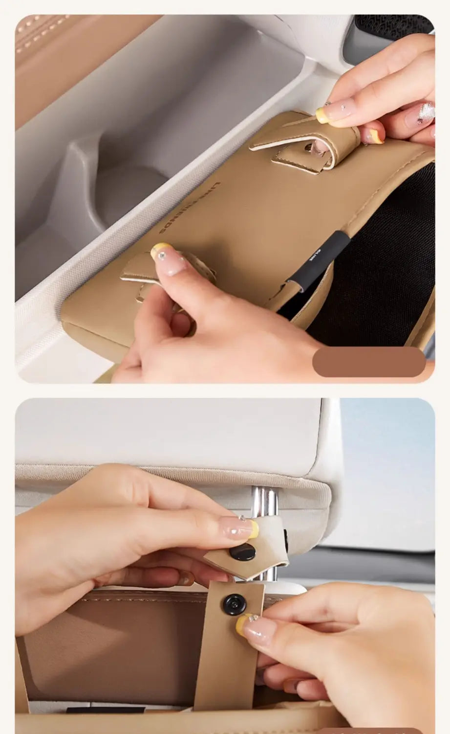 Organizador para consola central de coche de cuero beige con cierre de solapa y correa ajustable, mostrado desde el lado posterior para su uso como bolsa para el asiento trasero, con diseño de piel sintética tipo osito de dibujos animados