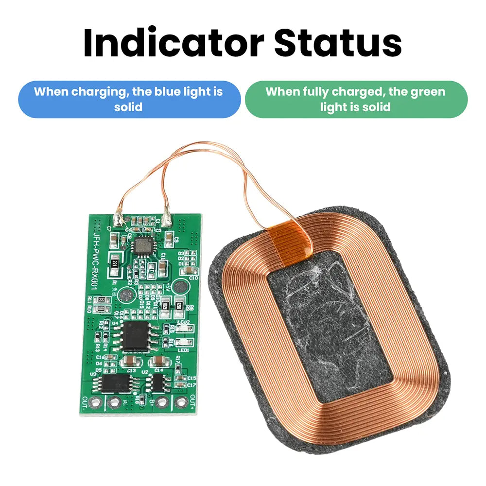 5w wireless charging receiver module showing the back side with copper coils and a green circuit board controller for 3.7v battery charging.