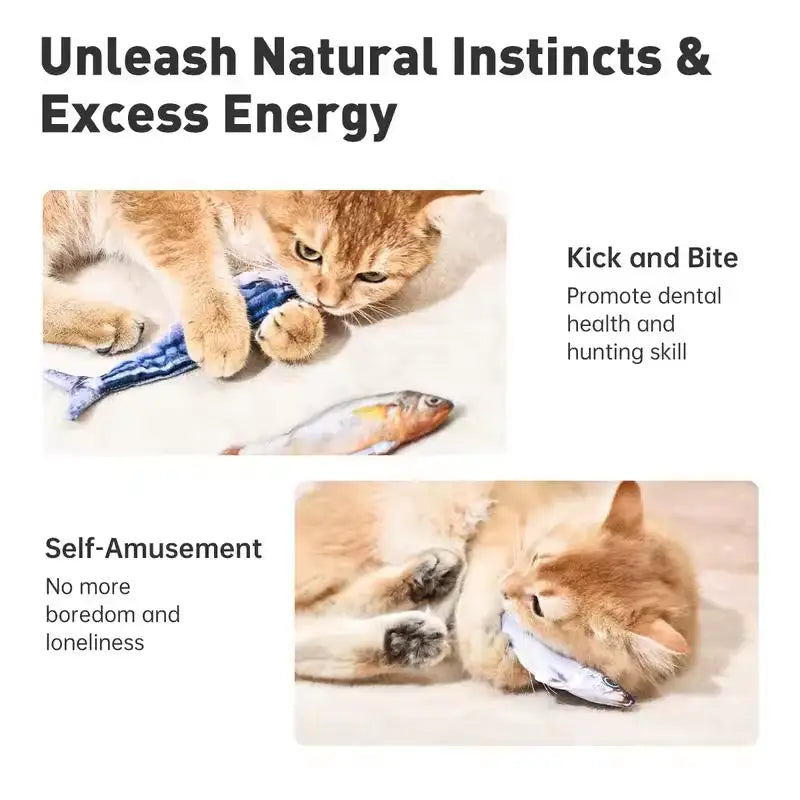 ファンフィッシュデザインとスマートな電気的インタラクションを備えた青と白の魚の形のキャットトイ。スマートデバイスとして、魅力的なペットの遊びを促すための玩具。