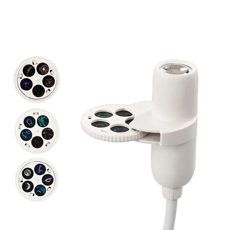 White plastic usb powered planet projector with interchangeable colorful celestial slides and flexible neck for bedroom use