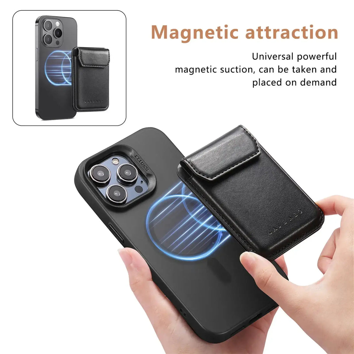 Black leather magnetic phone wallet clip shown from front for use with magsafe and universal phone cases