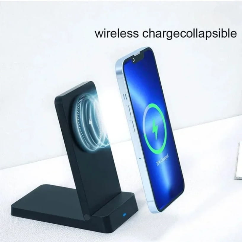 Cargador inalámbrico negro de 15 W con soporte abatible magnético para teléfono, con un diseño minimalista y elegante y una discreta luz indicadora azul en la base, que incorpora carga inalámbrica y un anillo magnético.
