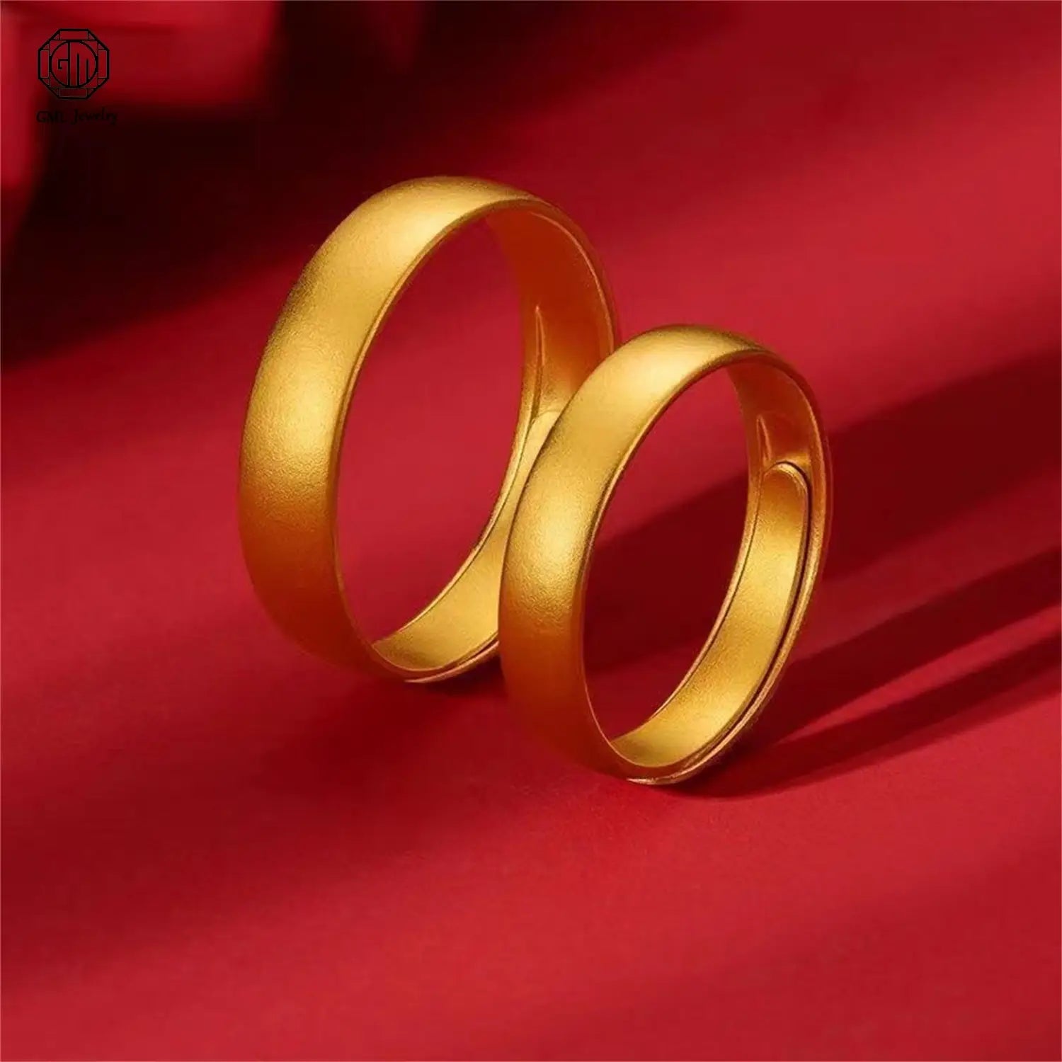 two elegant sand gold adjustable rings with a brushed gold matte finish, slightly tapered design, and fade resistant wide band for unisex wear
