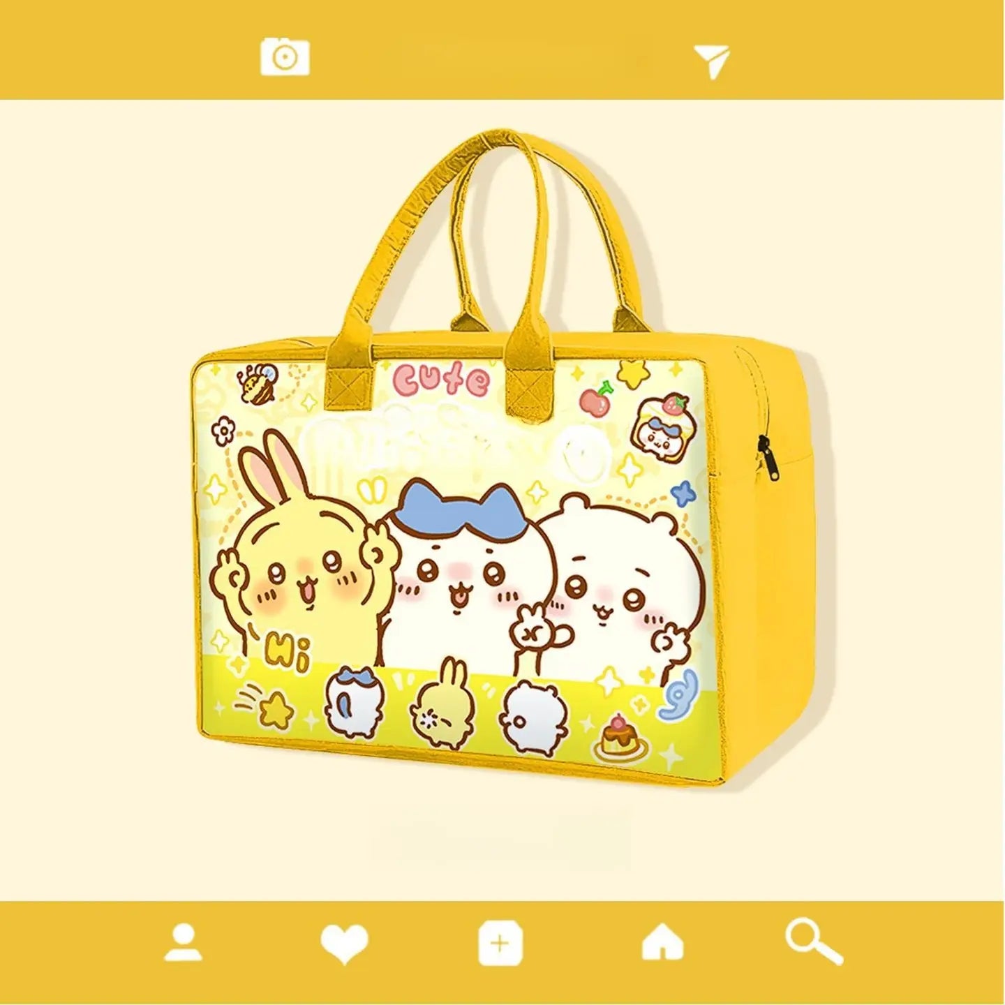 鮮やかなプリントとかわいい動物キャラクターがデザインされた、ふわふわの持ち手付きイエローカートゥーンの子ども用旅行用ダッフルバッグ。