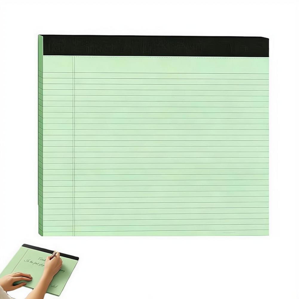 A5 lined colorful notepad with light green paper and black binding at the top for note taking.