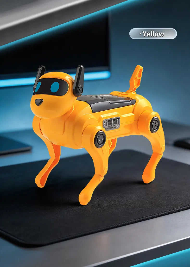 Bright yellow diy assembled dog robot toy made of abs plastic with black accents and blue glowing eyes featuring a sleek plastic body and visible mechanical joints manufactured in mainland china.