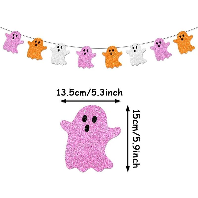 Decoración de fantasma de papel para Halloween con purpurina de color rosa, con ojos y boca negros, diseñada para guirnaldas decorativas para fiestas de Halloween