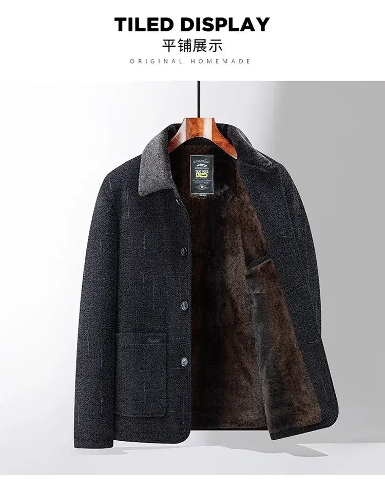 Men wool blend winter trench coat in dark gray with a contrasting brown fur-lined interior and matching collar.