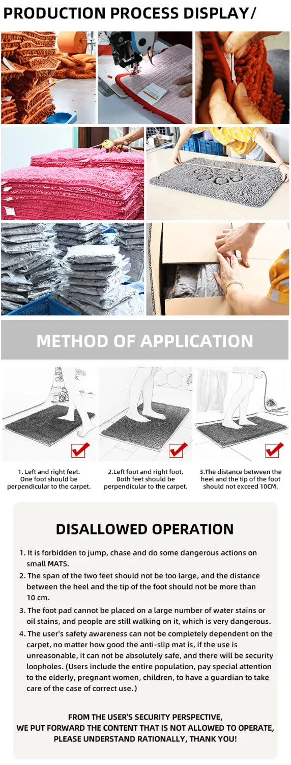 L’image montre un processus de production détaillé et un guide d’utilisation pour le tapis de bain antidérapant en mignon dessin animé Bubu Dudu, réalisé à partir de tissus superposés avec des coutures visibles.
