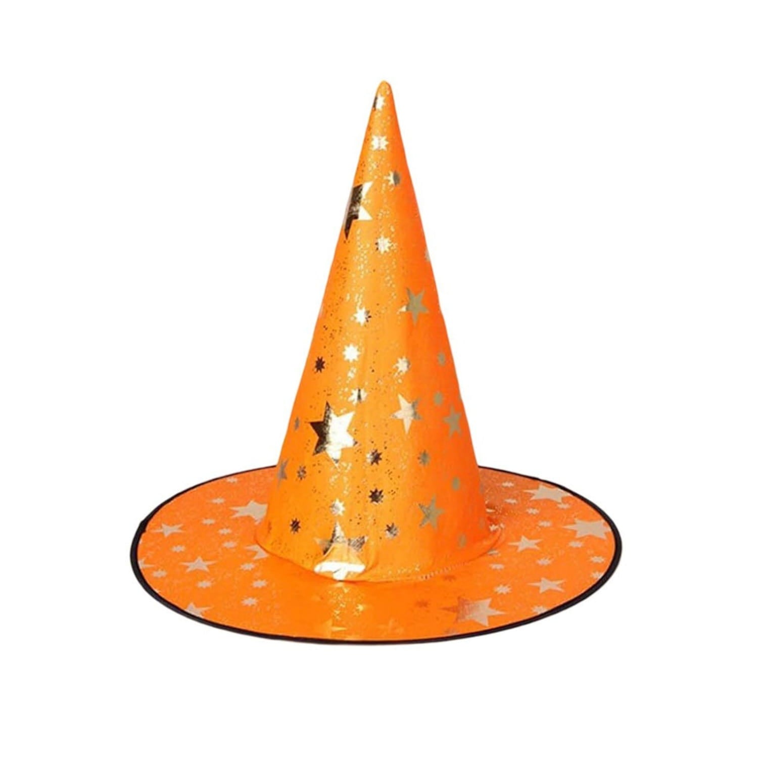 Vibrant orange halloween hat decoration featuring shimmering silver stars ideal as a hat decoration prop for wizard costume accessories.