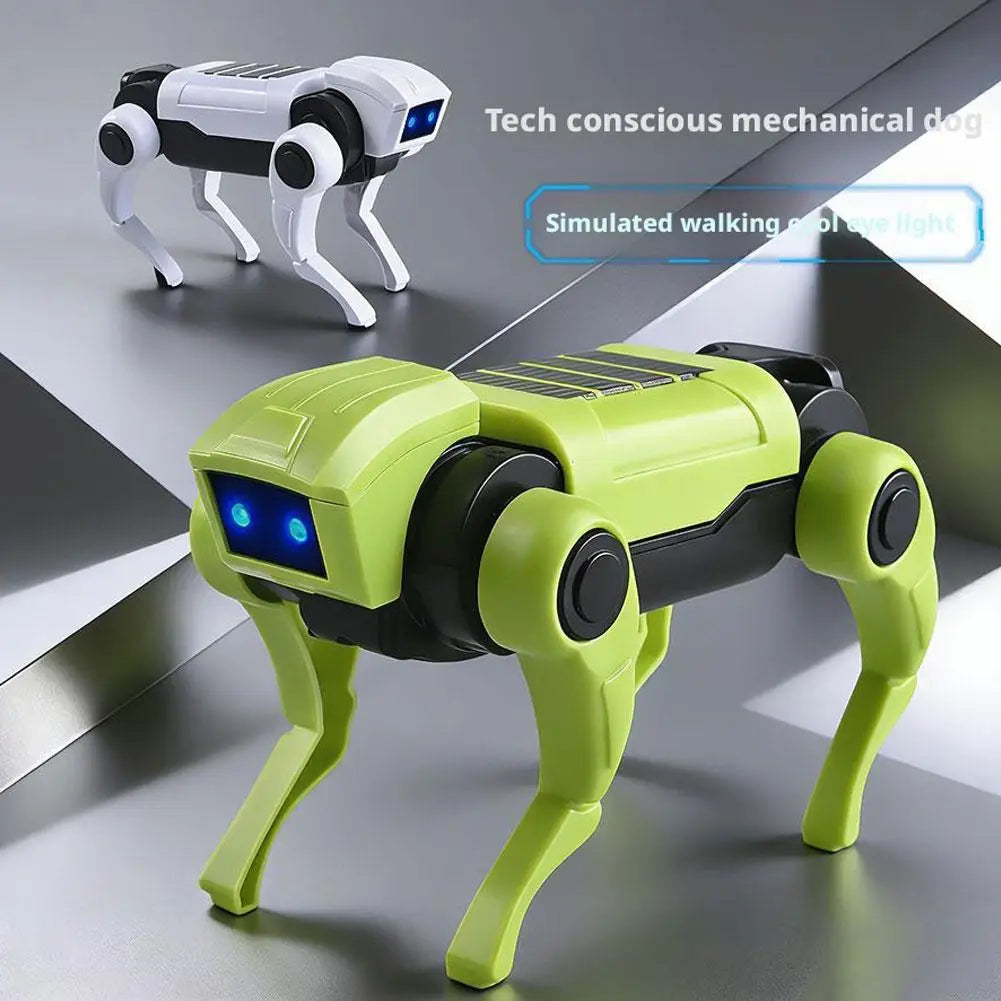 Lime green and black mechanical dog with blue glowing eyes featured as an electronic pet in a diy robot kit.