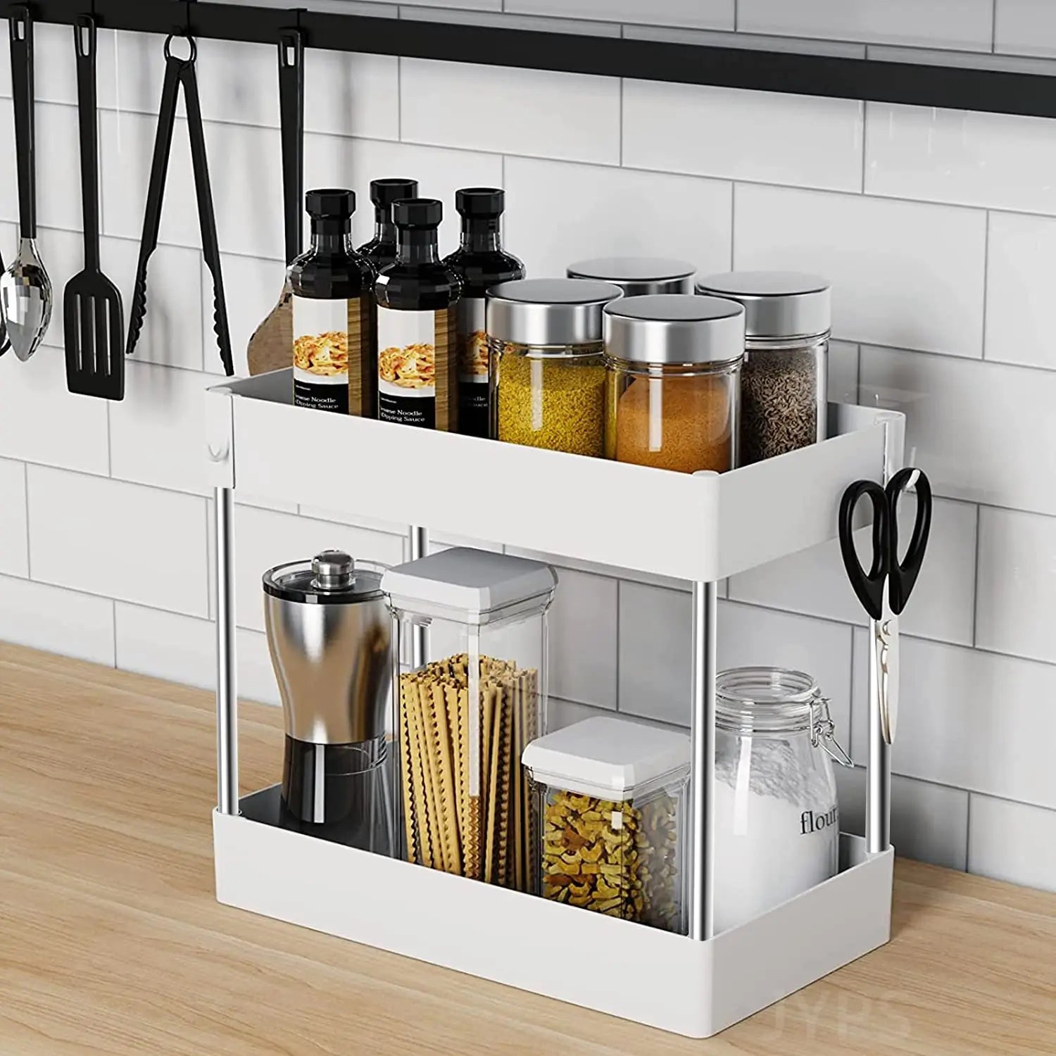 Organisateur d’évier à deux niveaux de couleur blanche, rangement sur deux étages, avec cadre en acier inoxydable et poignées, conçu pour le rangement de placard de cuisine et de salle de bain