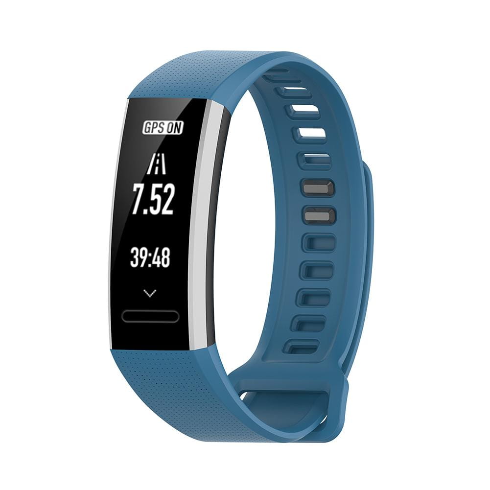 Bracelet en silicone bleu pour Huawei Band 2 Pro, avec écran rectangulaire noir affichant le nombre de pas et l’heure, et présentant un design de sangle de bracelet durable.
