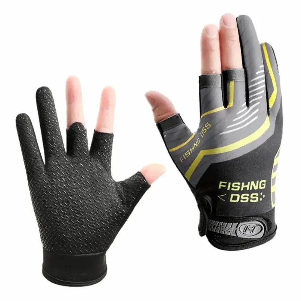 Black and yellow ice silk three finger fishing gloves with textured grip on the palm designed for improved handling.
